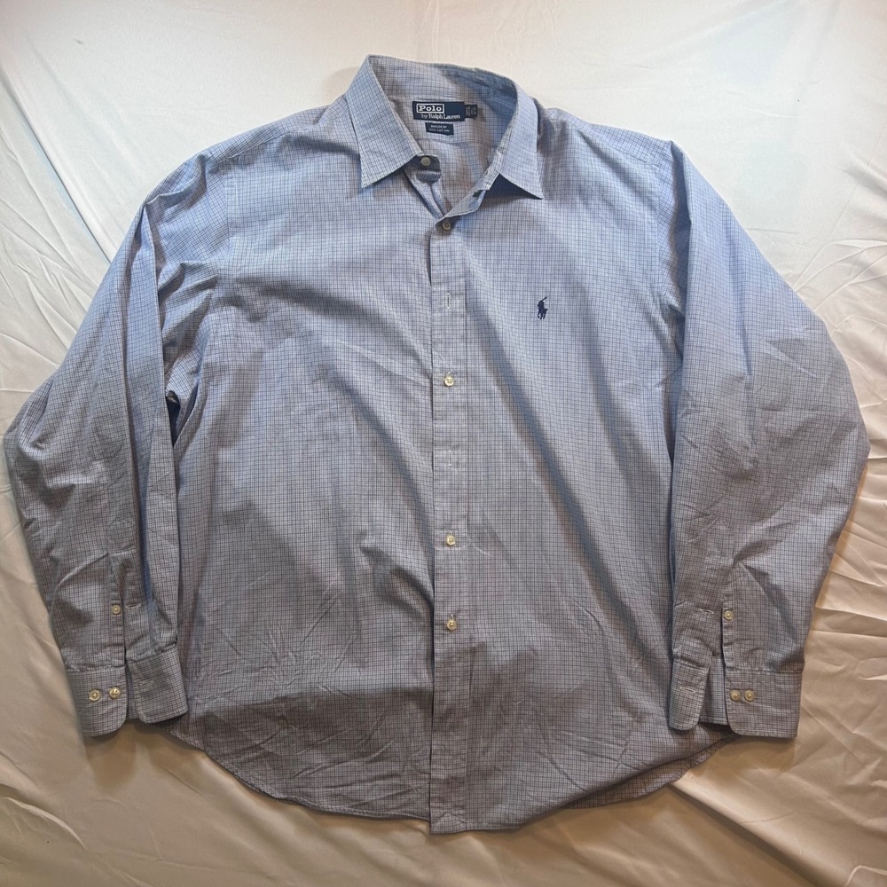 Polo Ralph Lauren Andrew Shirt Mens 17.5 36/37 Blue White Check Cotton Button Up